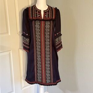 Navy Embroidered Boho Mini Dress with Red & Cream Accents